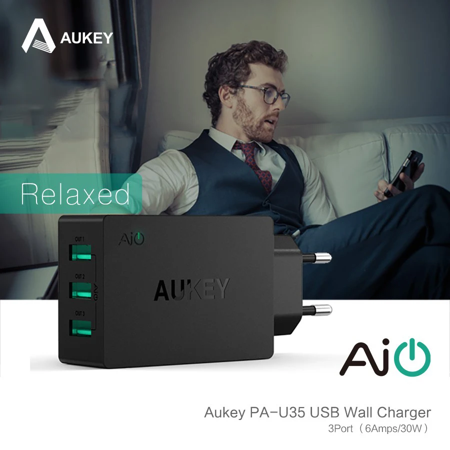 AUKEY Универсальный USB Зарядное устройство 3 Порты 30 Вт 5 В/6A Портативный Путешествия