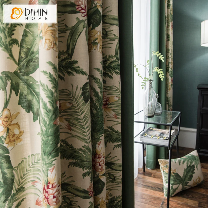 

DIHIN HOME Pastoral Banana Tree Printed Blackout Curtains Floral Cotton / Linen Curtain Drapes For Living Room 1 Panel