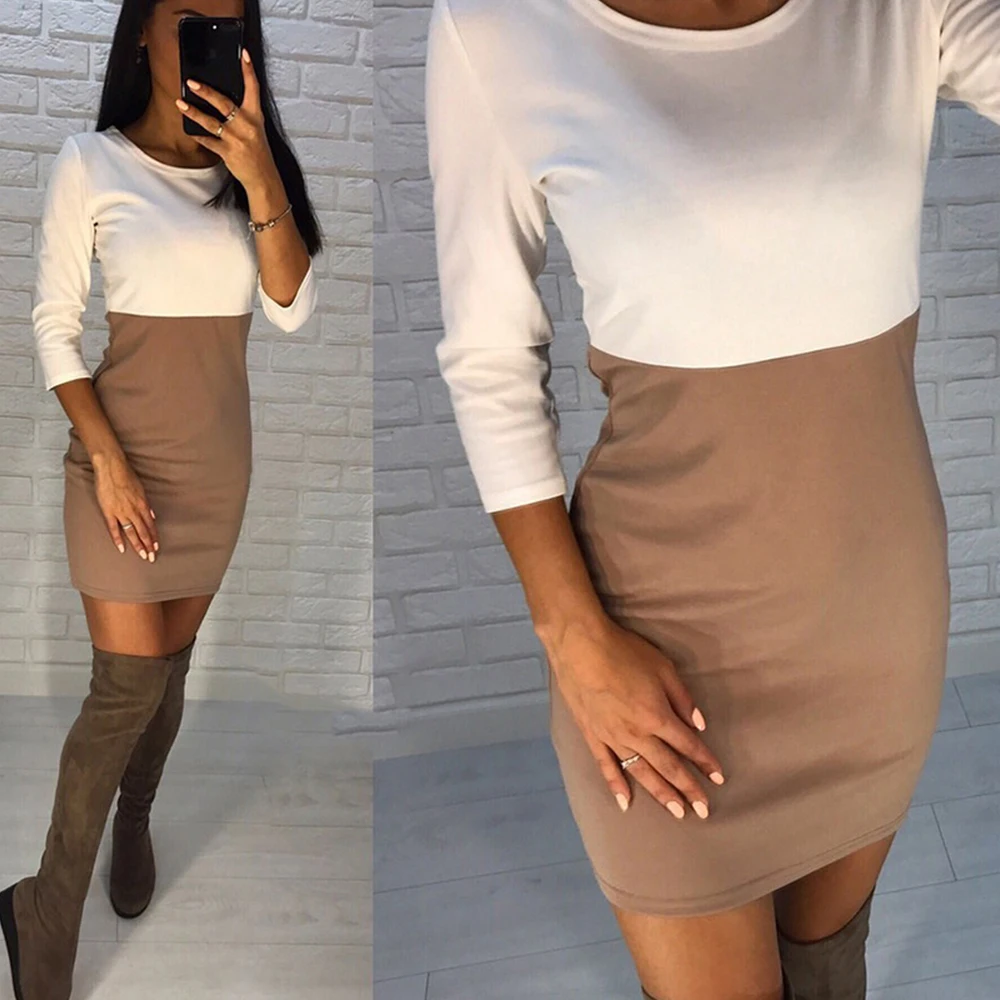Spring Autumn O-Neck Three Quarter Mini Dress Women Patchwork Color Casual Elegant Slim Office Soft Pencil Work Dresses |