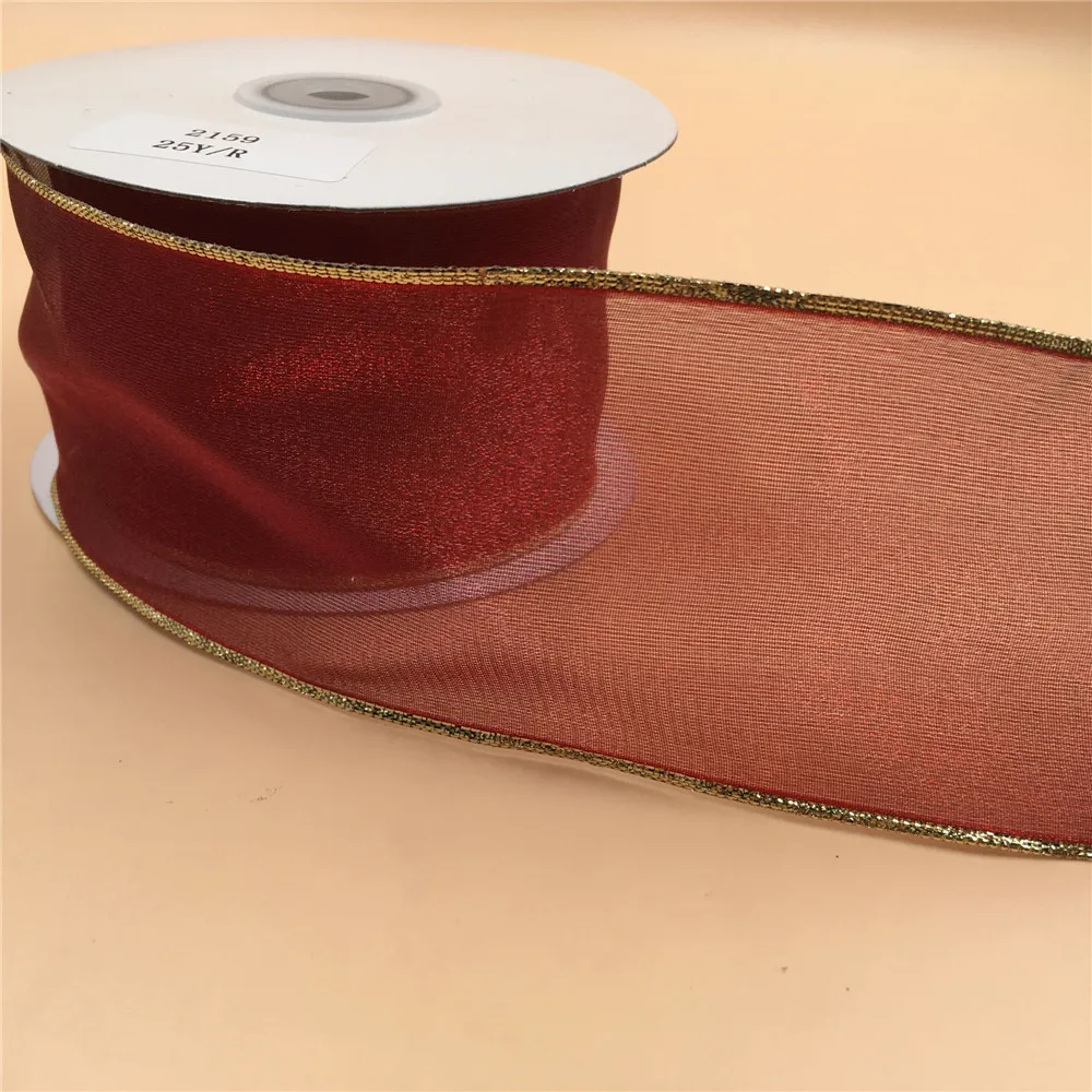 2 1/2 Inch X 25yards Golden lurex edge organza ribbon gift box wrapping wired N2159 | Дом и сад