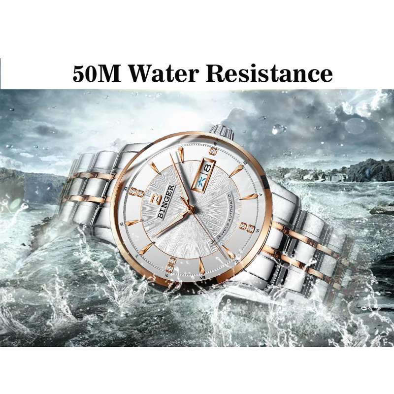 

Switzerland BINGER Classic Auto Mechanical Watch Men Stainless Steel Strap 50M Waterproof Watch Mens Watches Top Brand Luxury