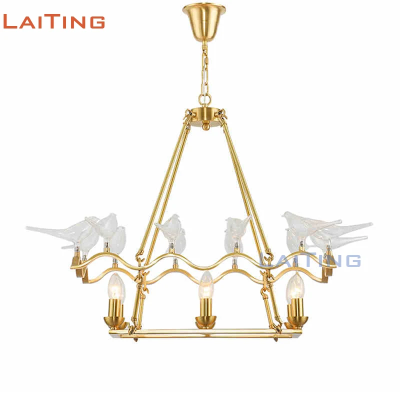 Laiting Lighting Copper Frame Art Light Fixtures Gold Hanging Lamp Modern Bird Shaped Glass Chandelier +Free shipping | Лампы и