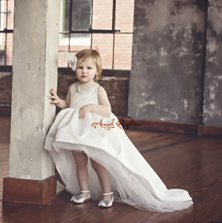 Gorgeous white/ivory flower girl dresses rhinestones V-neck satin toddler pageant infant 1 year birthday dress with long train | Детская