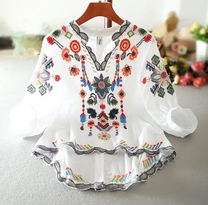 Women's Spring summer v neck embroidery Shirt Female Vintage National Loose Casual Shirt Blouse TB1341