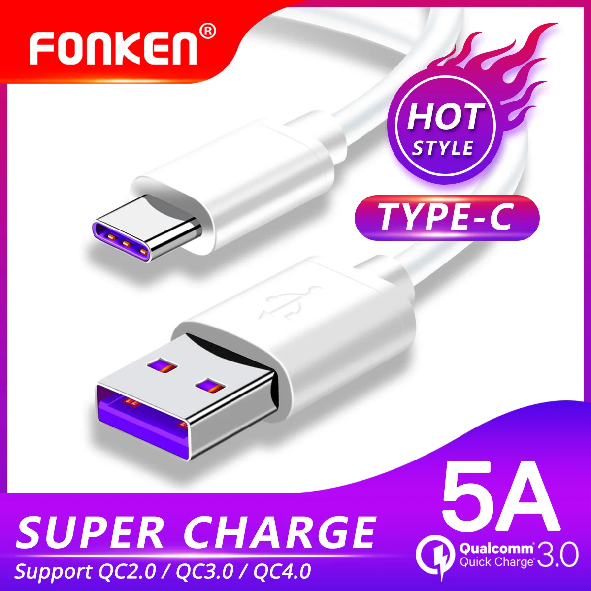 USB кабель FONKEN 5 А Type C для быстрой зарядки и передачи данных|Кабели мобильных