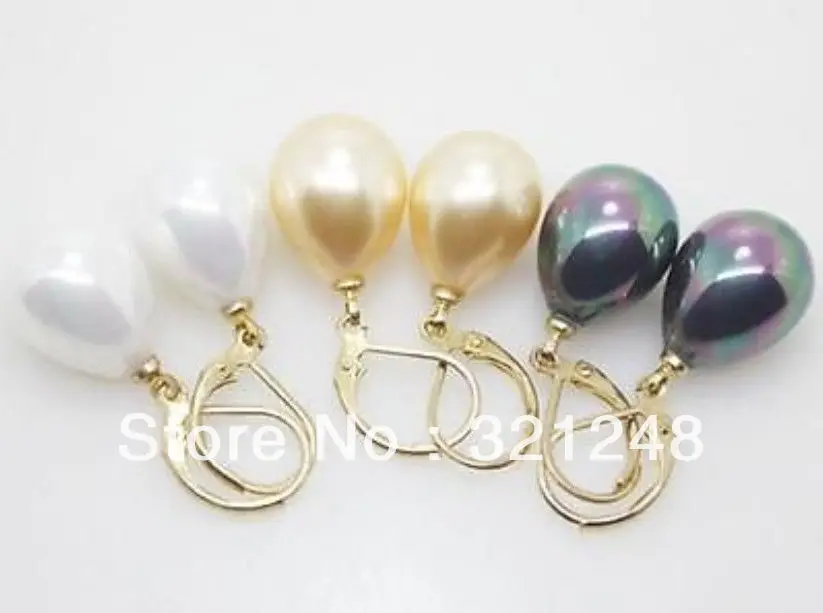 

Free shipping diy 3 pairs 12X16mm wwhite yellow black shell pearl drop dangle earrings new fashion women jewelry GE4512