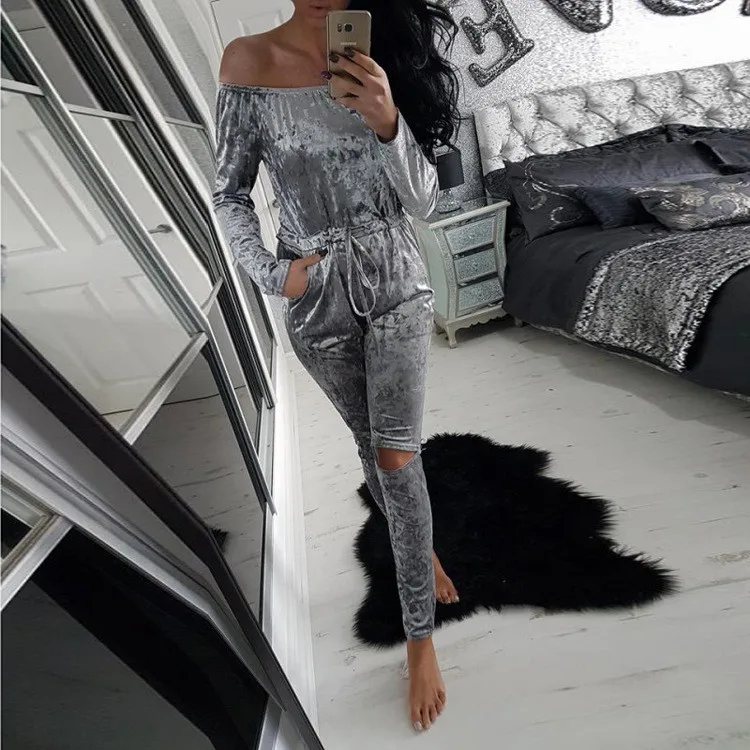 Элегантный с плеча бархатный комбинезон Для женщин тонкий Комбинезоны для