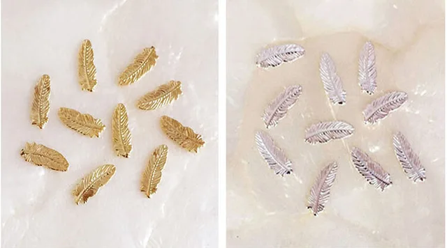 

1000pcs Nail Art Metal Decorations 3d Gold Silver alloy feather nail art studs fashion nail art jewelry Glitter Rhinestone