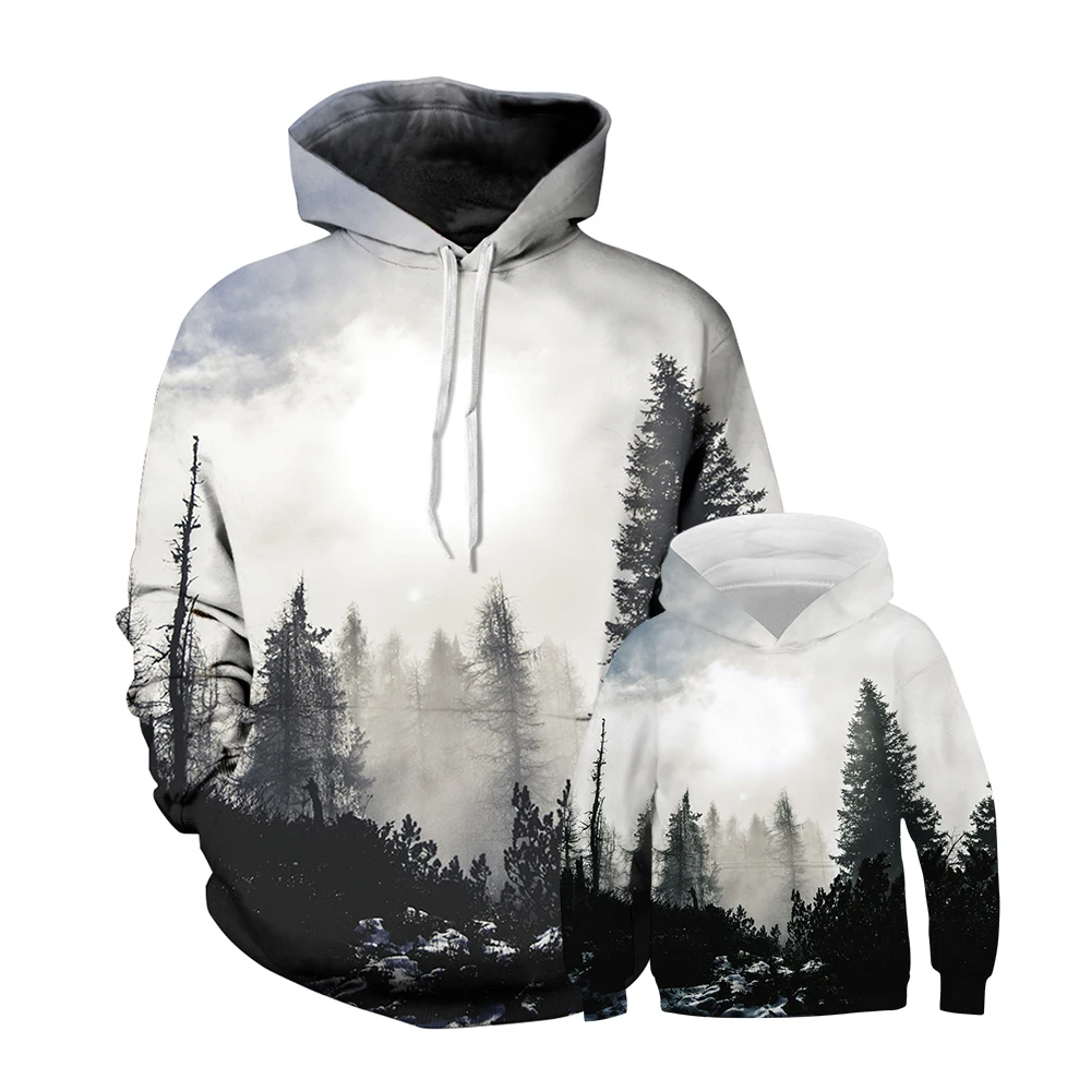 

Family Long Sleeve Hooded 3D Digital Print Misty Forest Design Pullover Hoodies 3D Family Sets Mom+Dad+Kids Hoodies