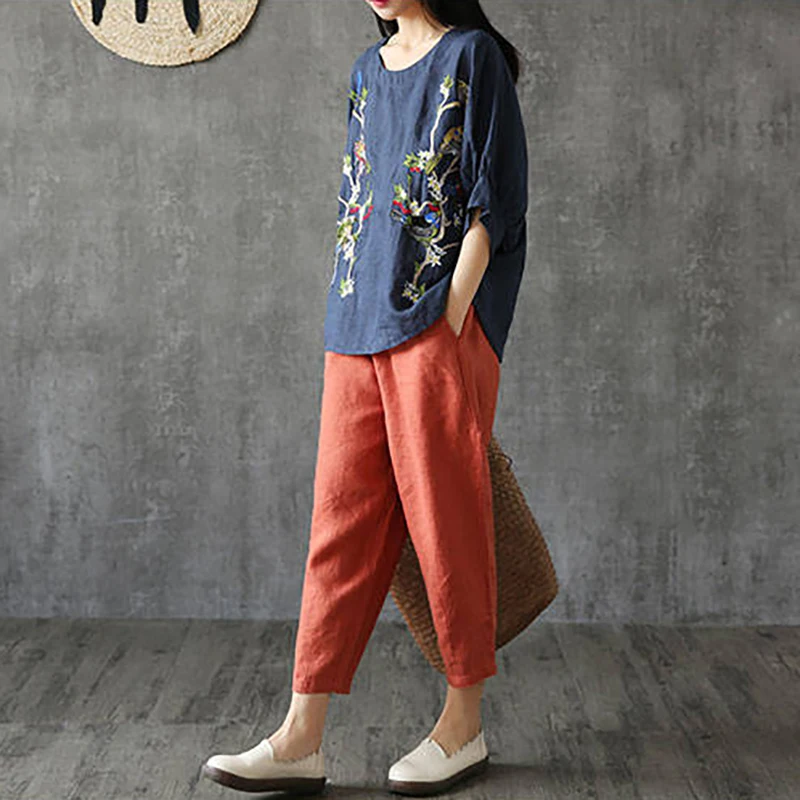 Женские льняные шаровары летние хлопковые брюки женские эластичные свободные