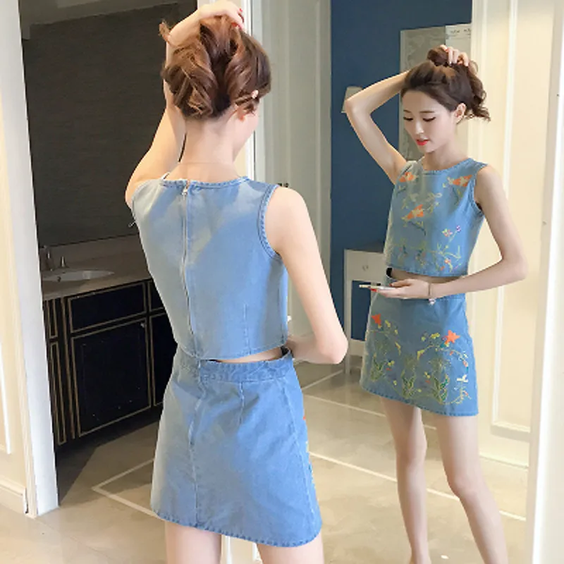 Модные летние джинсовые комплекты с платьем из 2 предметов модные топы вышивкой и