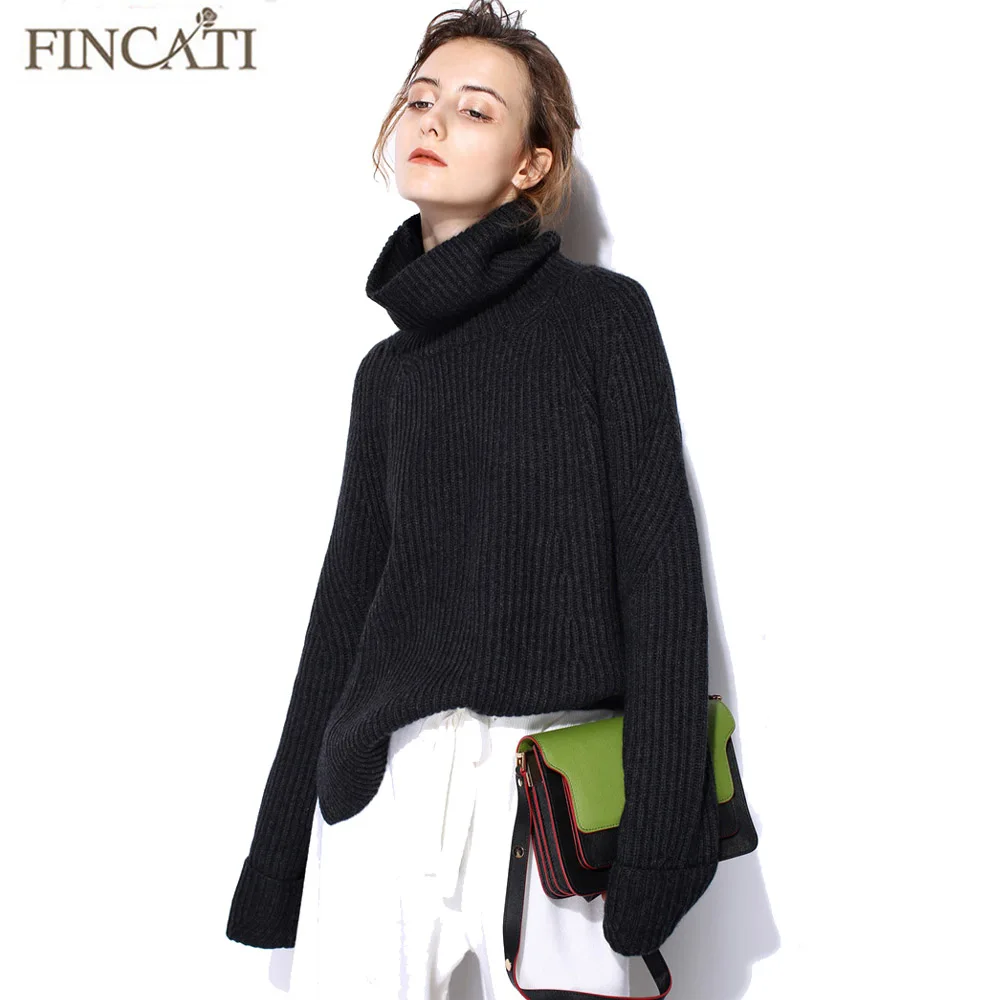 

Women Pure Cashmere Sweater Fincati Notched Hem Asymmetrical Length Turtleneck Soft Thicken Winter Spring Pullover