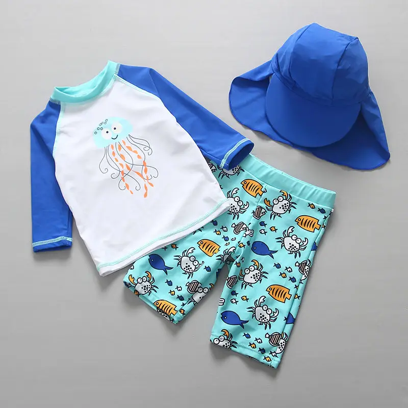 HX18108 Swimsuit Boy Long sleeve Children Swimming Suit 3 Pieces Scaleph print Sun Protection UV Toddler Baby Bathing Clothes for Boys - Color: HX18108