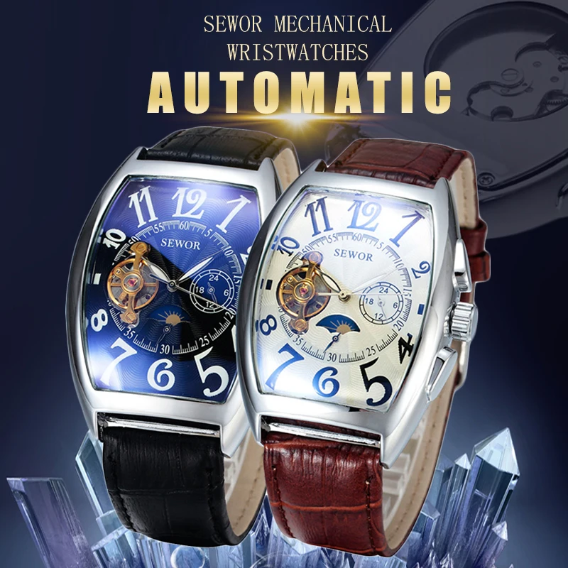 SEWOR, классические Tourbillon мужские часы, брендовые Роскошные автоматические часы, золотой чехол, мужские часы с календарем, черные механические часы