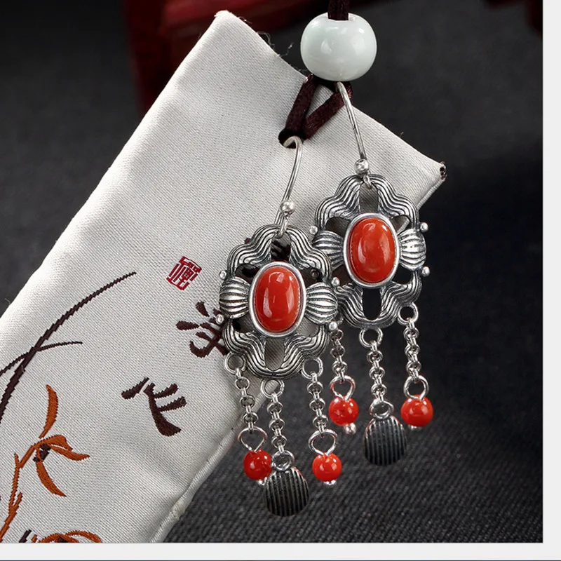 

Uglyless Real S 925 Sterling Silver Women Vintage Bohemia Tassels Earrings Ethnic Natural Agate Beads Brincos Thai Silver Bijoux