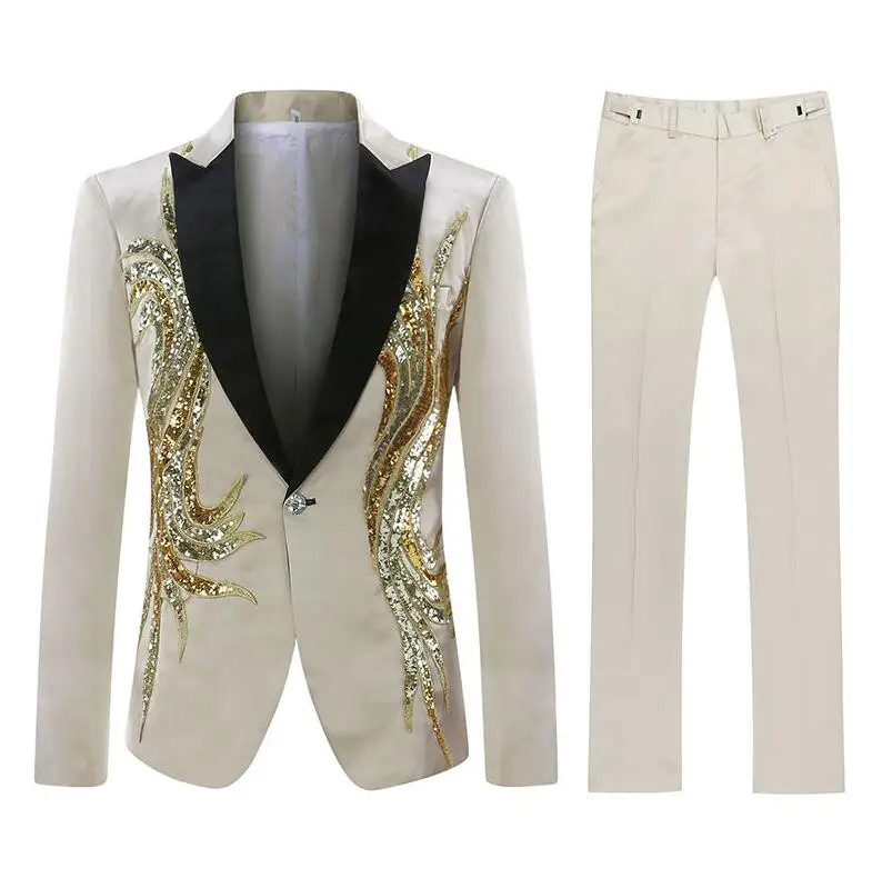 YUNCLOS мужской костюм с пайетками вечерние платья 2 шт. Шаль Воротник Slim Fit костюм роскошный алмаз Свадебная вечеринка мужские костюмы - Цвет: Золотой