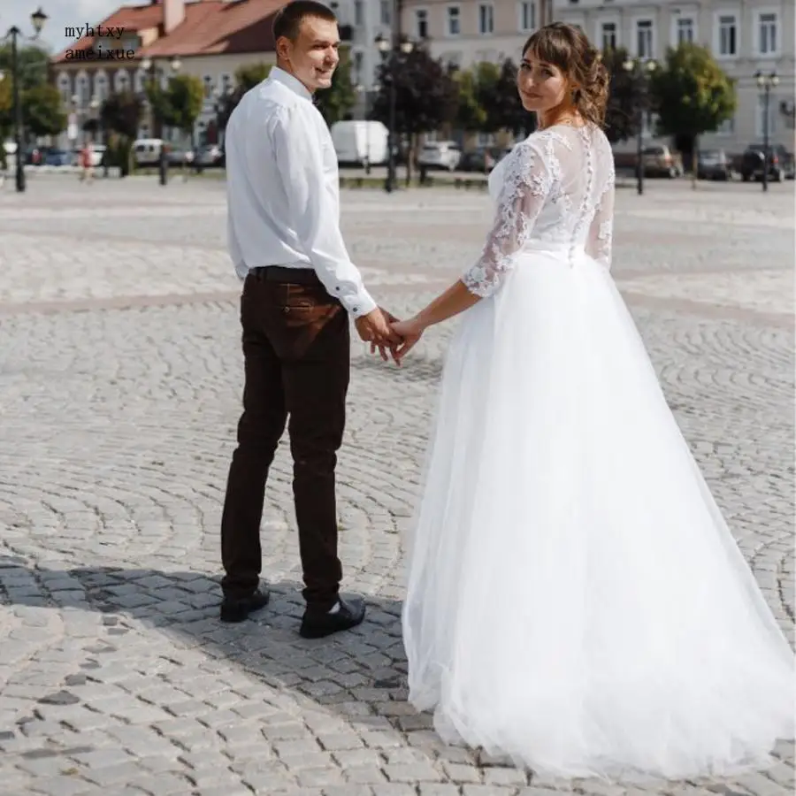 

New Cheap Long Sleeve Lace Wedding Dress 2020 Scoop Applique Gelinlik Tulle Bridal Gown A-line Wedding Gowns Robe De Mariage