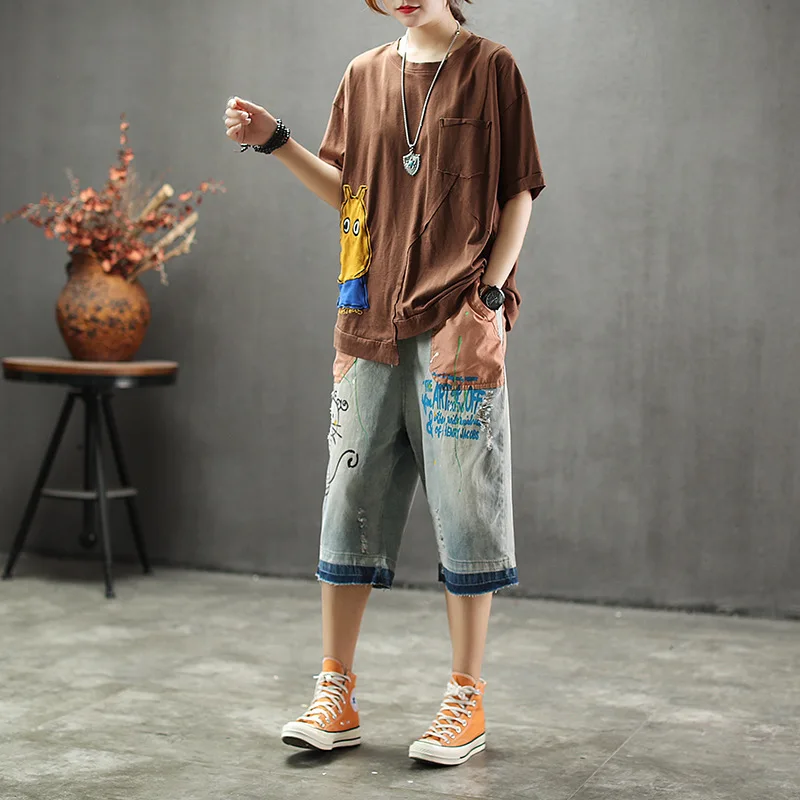 Летние джинсы для женщин Ретро стиль эластичный пояс тонкие джинсовые штаны