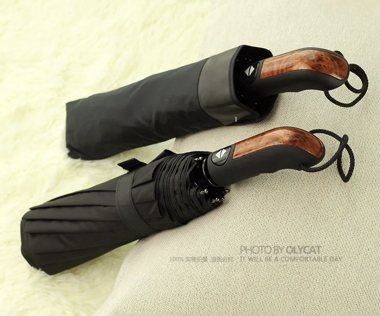 Полностью автоматические три складных зонта дождя с деревянной ручкой Windbreak 10 Rib