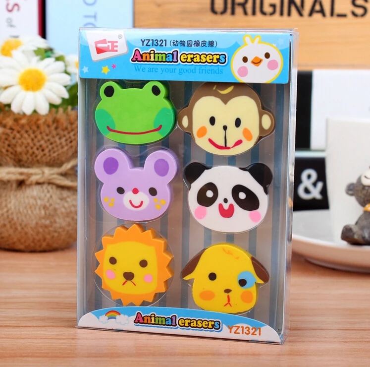 6 шт./лот резиновые ластики Kawaii Zoo Детские Подарочные принадлежности канцелярские