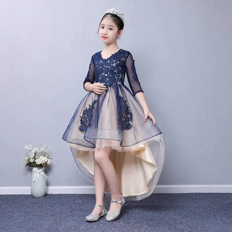 

2019Spring Summer 3-15yrs High Grade Baby Girls Evening Party Wedding Princess Lace Dress Children Costume Long Tailing Dress