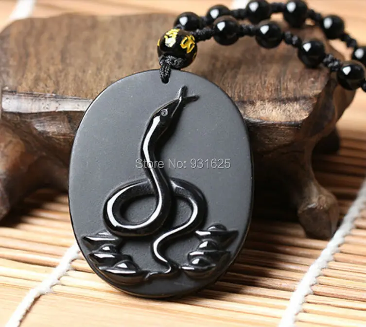 Новый красивый ручной работы натуральный черный обсидиан вырезанный китайский зодиак змея счастливый оберег кулоны бесплатная ожерелье модные украшения.