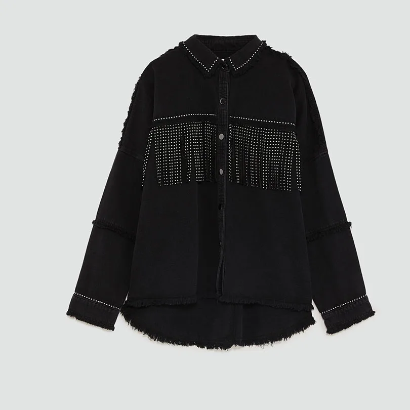 Tassel Lady Jackets Arvinxia ZA осенние однотонные джинсовые пальто с карманами и кисточками новые винтажные женские куртки с отложным воротником модные однобортные женские пальто - Цвет: Tassel Lady Jackets