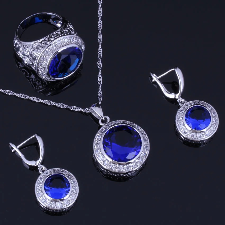 

Eye-Catching Round Blue Cubic Zirconia White CZ Silver Plated Jewelry Sets Earrings Pendant Chain Ring V0989