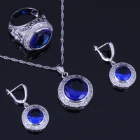 eye catching round blue cubic zirconia white cz silver plated jewelry sets earrings pendant chain ring v0989