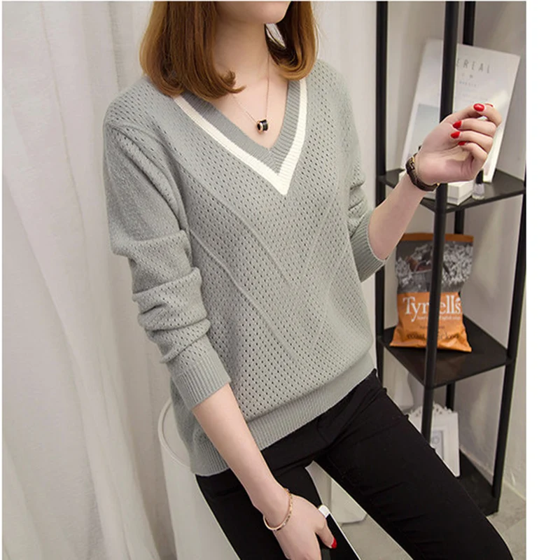 Женский базовый свитер топы большие размеры Осень-зима Повседневный с v-образным