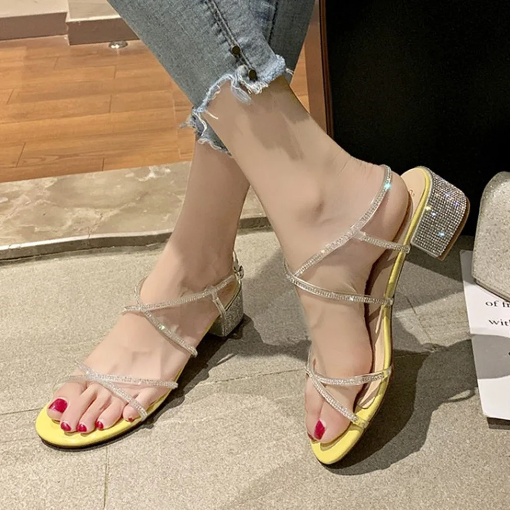 Повседневные босоножки на высоком каблуке Новинка 2019 года Модный яркий кристалл