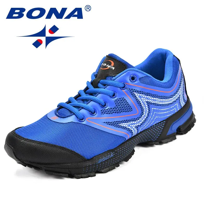 BLUE BLACK BONA/Новинка; классические стильные мужские кроссовки для бега; сетчатая Мужская Спортивная обувь на шнуровке; мужские уличные кроссовки; обувь; мягкий светильник; - Цвет: BLUE BLACK