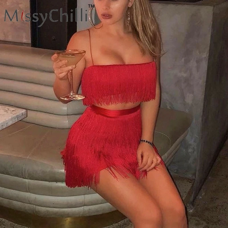 MissyChilli/костюм из двух предметов с кисточками; красное пляжное платье; женское сексуальное обтягивающее летнее платье с v-образным вырезом и бахромой; короткое вечернее платье с открытой спиной