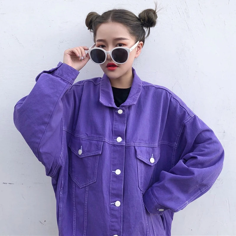 Весенняя винтажная BF Свободная джинсовая куртка Женская Harajuku фиолетовая джинсовая куртка короткая уличная джинсовая куртка Повседневная ветровка