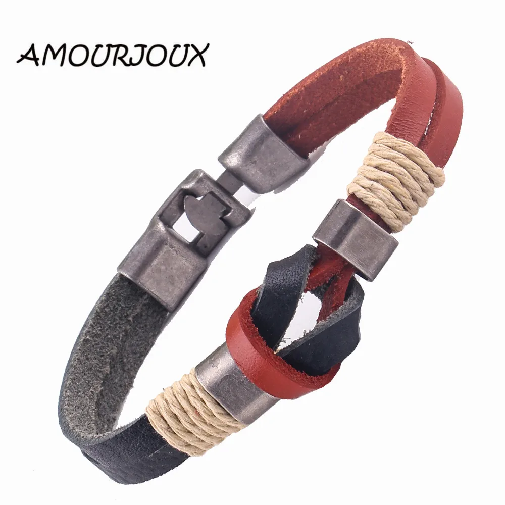 AMOURJOUX черно-красный кожаный очаровательный мужской браслет ювелирные изделия