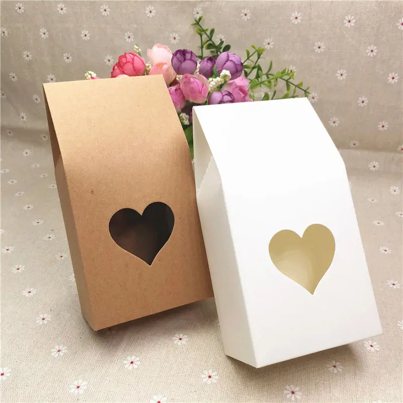 24pcs/Lot Solid Color White Brown Standing Kraft Paper Sealing Bags For Apple Chocolate Boxes With PVC Heart Square Window | Дом и сад