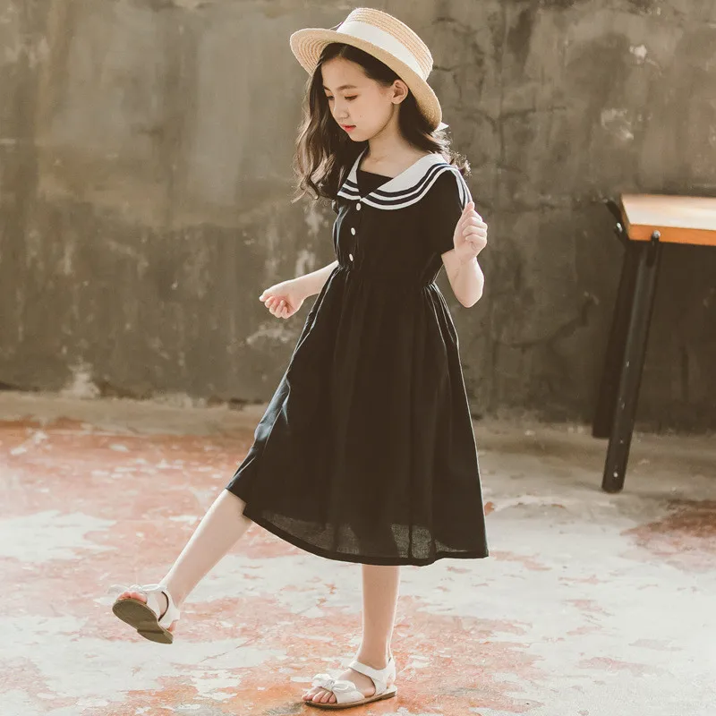 6 to 16 years kids &amp teenager girls summer sailor collar cotton casual school uniform dress children fashion black midi | Детская