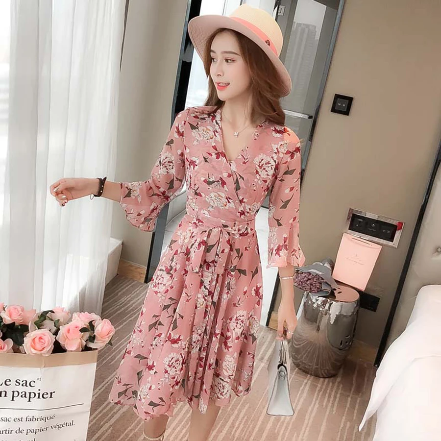 Huti wjwyl New Floral Print Sweet Chiffon Fresh Dress Women V-Neck Party Half Sleeve Lady Beach Holiday A-Line Vestidos | Женская одежда
