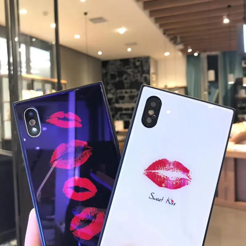 Квадратное закаленное стекло чехол для телефона iphoneX 8 8plus Blue Ray Red Lips стеклянный