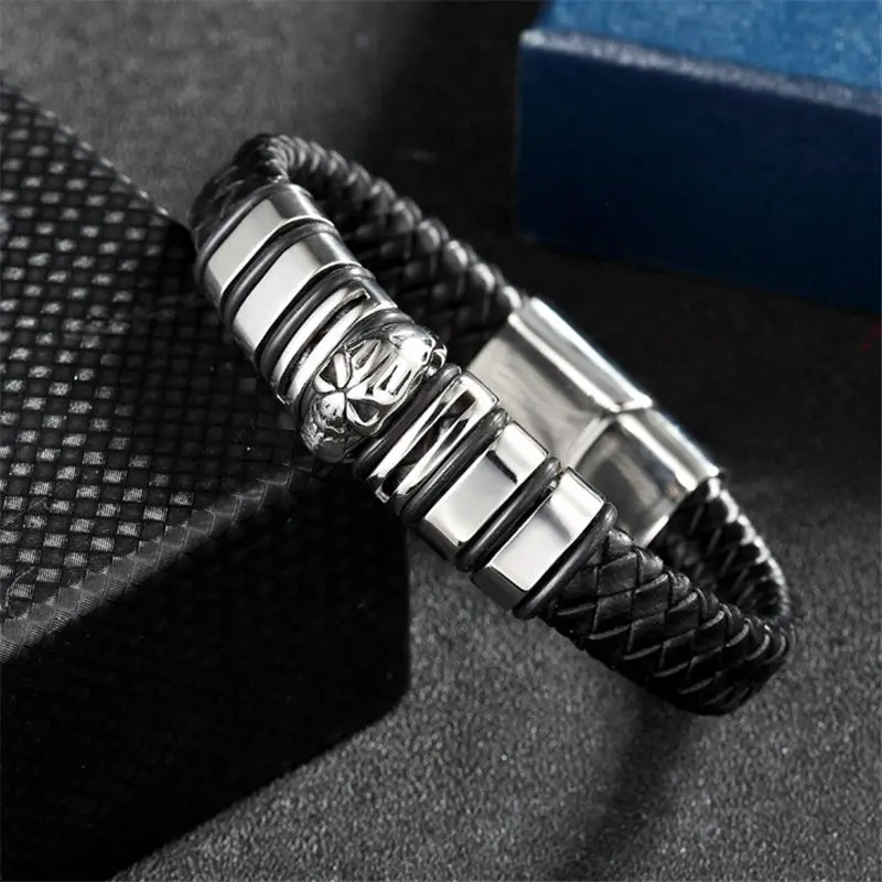 2018 модный мужской браслет с черепом панк вязаный веревочный кожаный цепочкой из