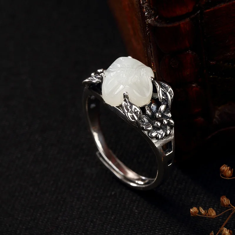 2018 Direct Selling Sale Women Anel Feminino S925 Sterling Retro Thai Natural Hetian Mosaic Lotus Lady Opening Ring Wholesale | Украшения и