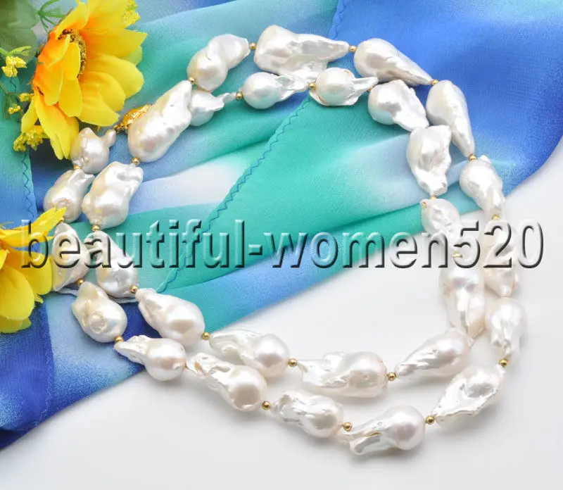 

Z8345 31mm White BAROQUE KESHI REBORN PEARL BEAD NECKLACE 33inch