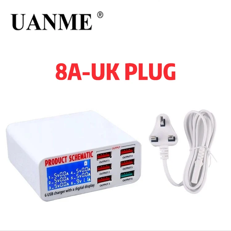 40W 8A UK PLUG UANME QC3.0 Смарт USB зарядное устройство светодиодный дисплей 6 портов Быстрая зарядка для iPhone iPad samsung huawei Xiaomi Мобильный телефон - Цвет: 40W 8A UK PLUG