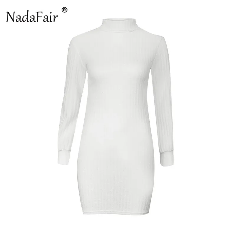 Зимнее женское платье Nadafair, водолазка, длинный рукав, трикотажное, облегающее платье, однотонное, сексуальное, мини, осеннее платье, женское, белое, черное платье