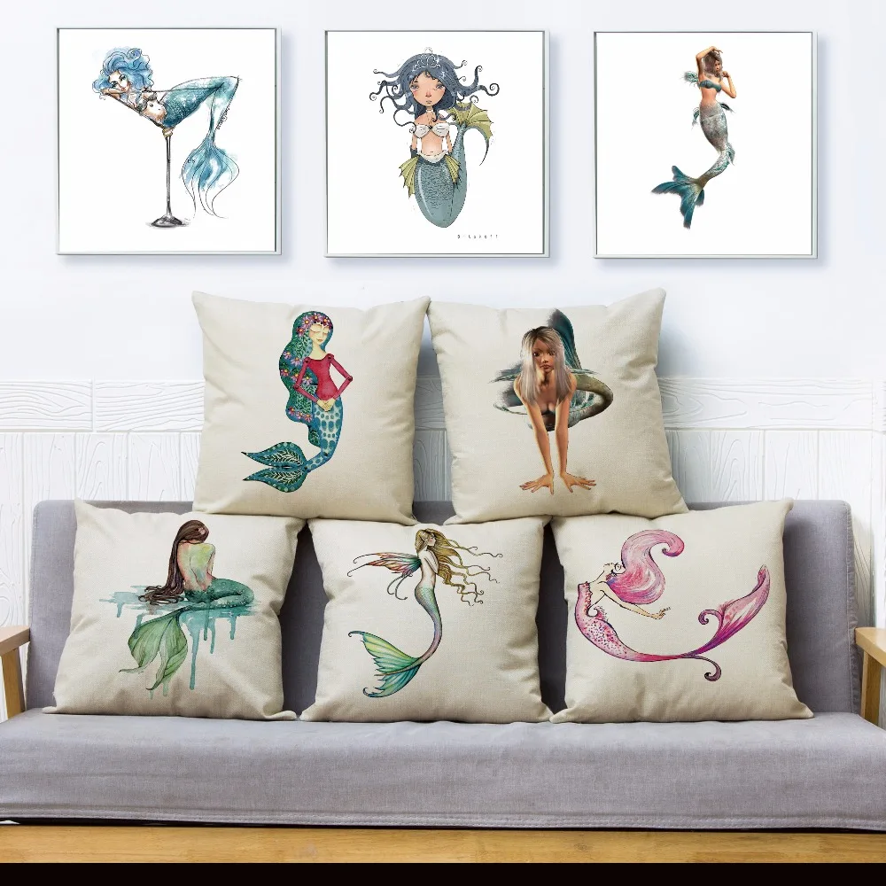 

Cartoon Ocean Mermaid Print Throw Pillow Cover 45*45cm Square Cushion Covers Linen Pillow Case Car Sofa Home Decor Pillows Cases