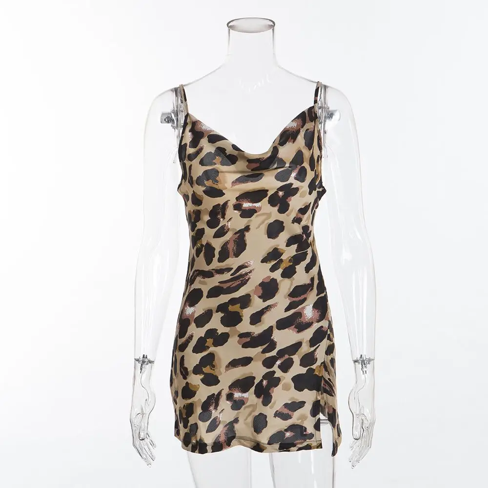 Leopard Summer Dress Women Sleeveless Backless Split Dresses V Neck Slip Sundress Female Sheath Sexy Bodycon Vestidos Femme | Женская