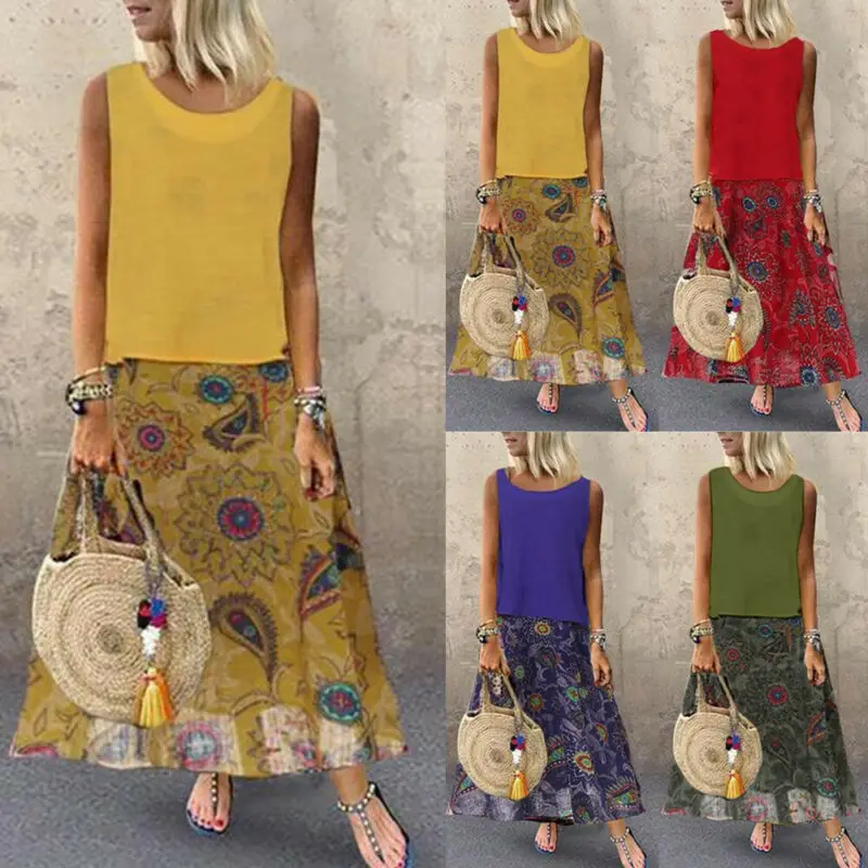 New fashion UK Women Sleeveless Boho Floral Long Maxi Dress Ladies Summer Sundress Holiday Tops |