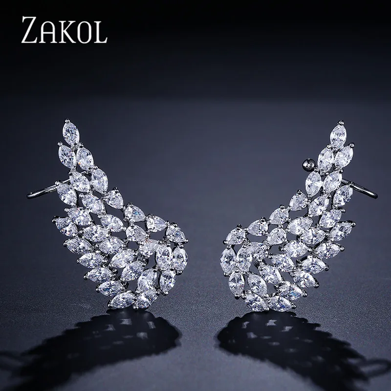 White Color ZAKOL, высокое качество, серьги-гвоздики с кубическим цирконием маркизы, модные ангельские крылья, золотые серьги-манжеты для женщин, ювелирные изделия FSEP419 - Окраска металла: White Color