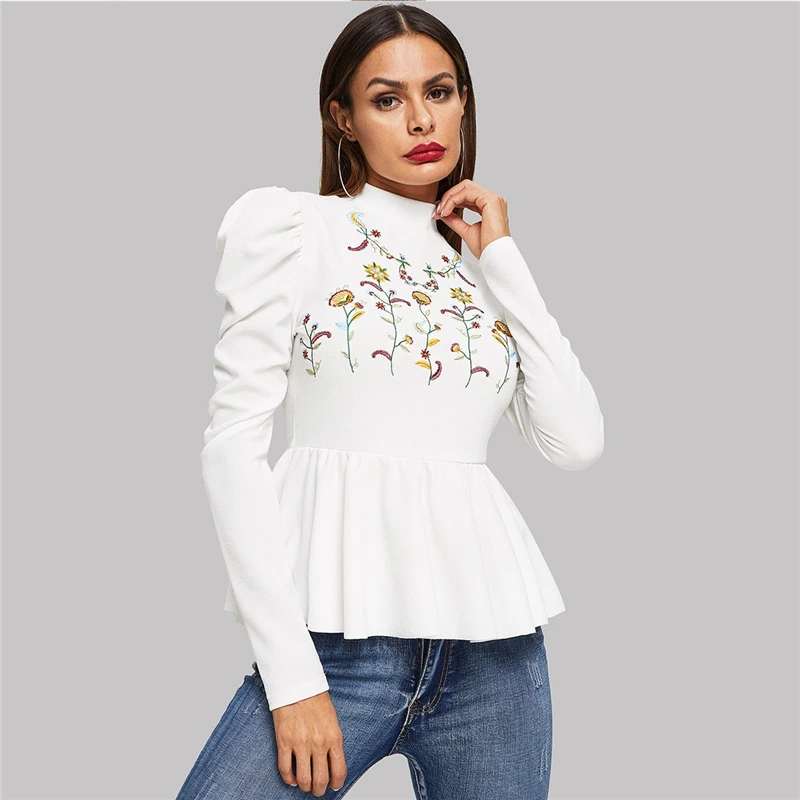 Dotfashion/Женские топы и блузки с вышитыми белыми цветами и рюшами, осенняя одежда, Повседневный пуловер с длинным рукавом, модная рубашка