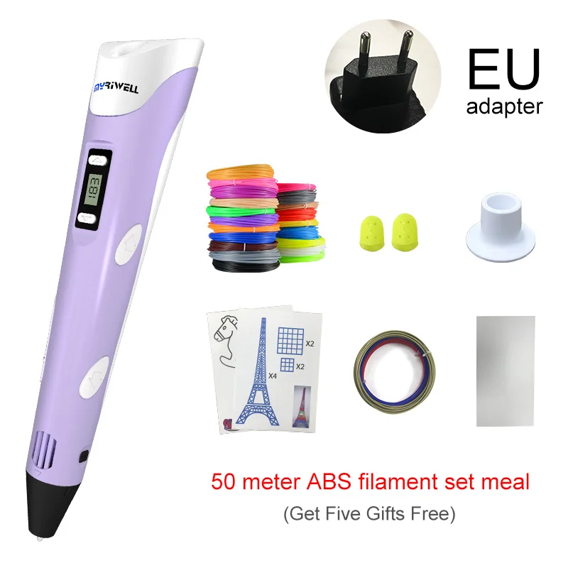Purple EU Myriwell, 3D Ручка, 3D принтер, ручка для 3D печати, ручка для рисования, 50 метров, 10 цветов, ABS нить, магический производитель, искусство, для студенческого подарка - Цвет: Purple EU